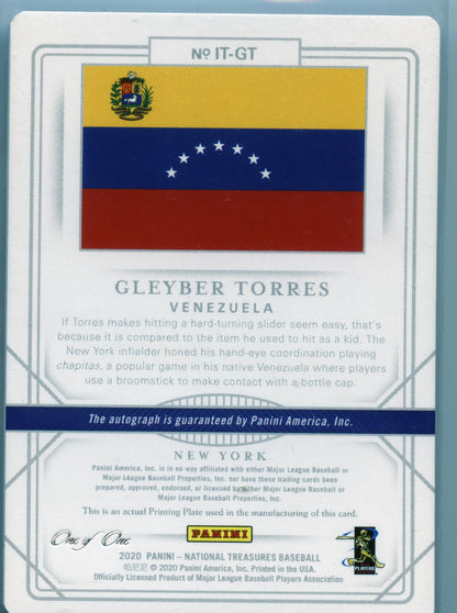 2020 Panini National Treasures Gleyber Torres Printing Plate Black Auto 1/1