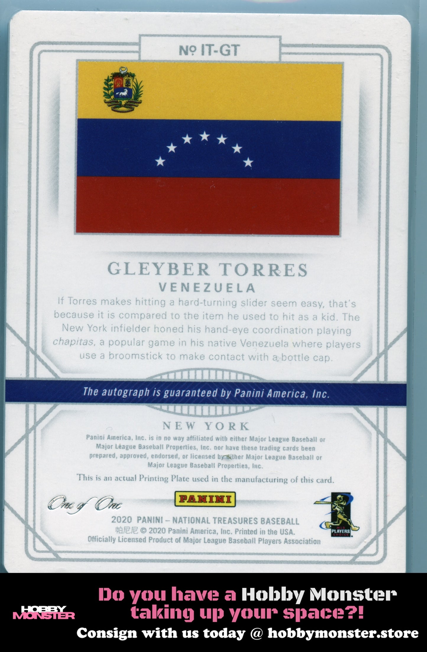 2020 Panini National Treasures Gleyber Torres Printing Plate Black Auto 1/1