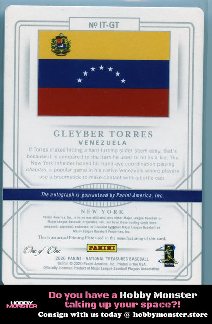 2020 Panini National Treasures Gleyber Torres Printing Plate Black Auto 1/1