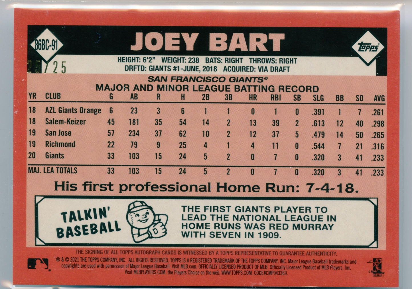 2021 Topps Joey Bart 1986 Orange Rookie Auto #/25 Giants