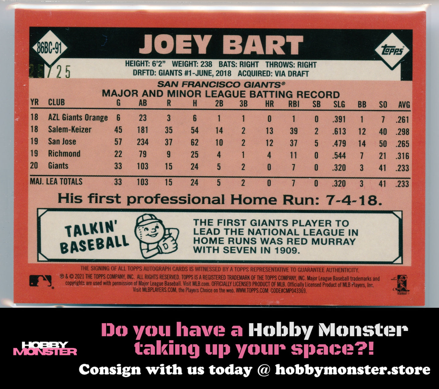 2021 Topps Joey Bart 1986 Orange Rookie Auto #/25 Giants