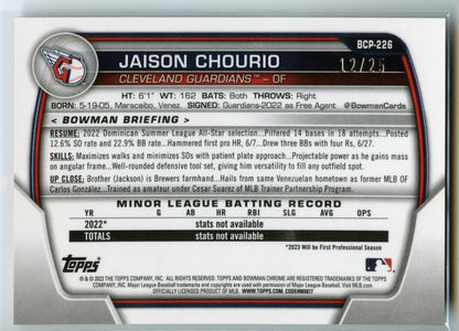 2023 Bowman Chrome Jaison Chourio Prospects Orange Shimmer #/25 Guardians