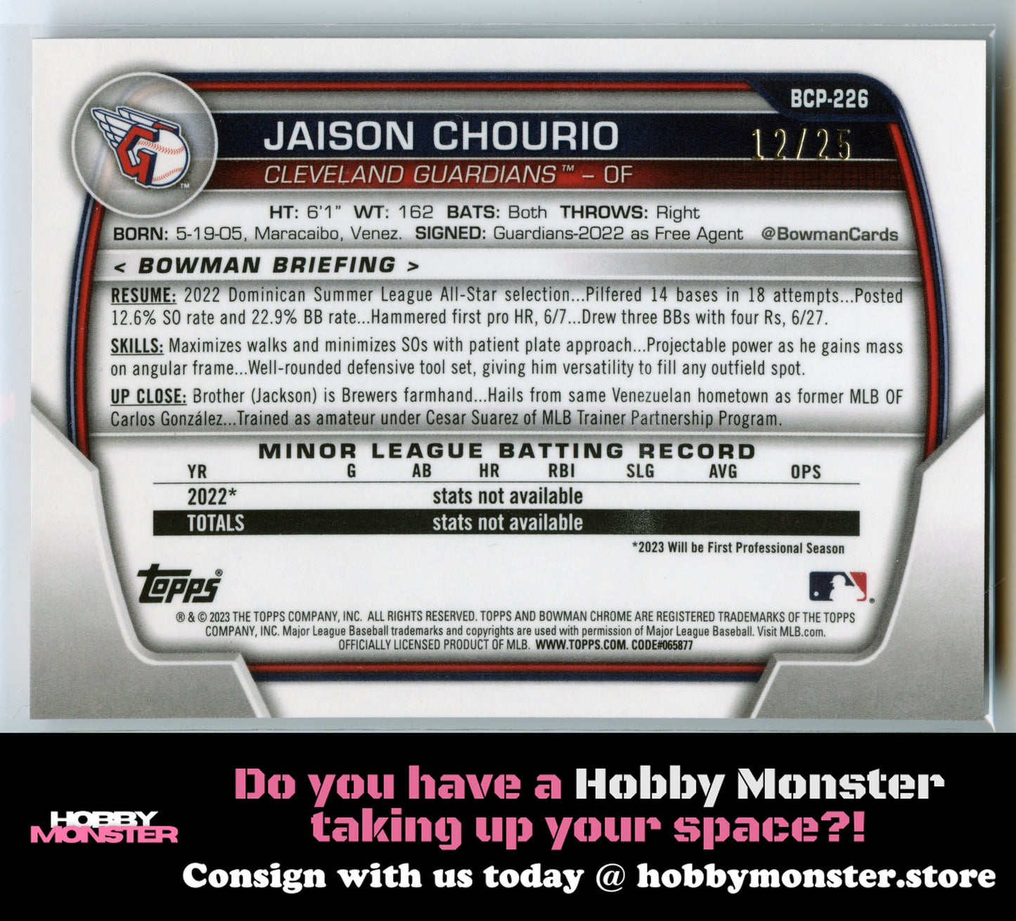 2023 Bowman Chrome Jaison Chourio Prospects Orange Shimmer #/25 Guardians