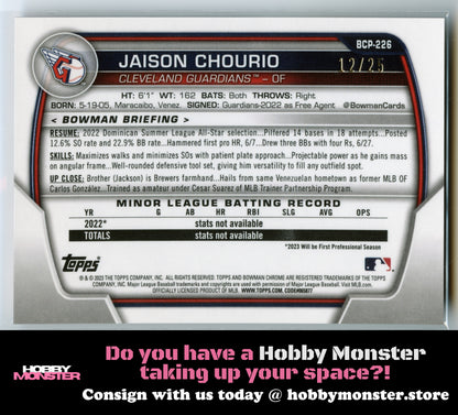 2023 Bowman Chrome Jaison Chourio Prospects Orange Shimmer #/25 Guardians
