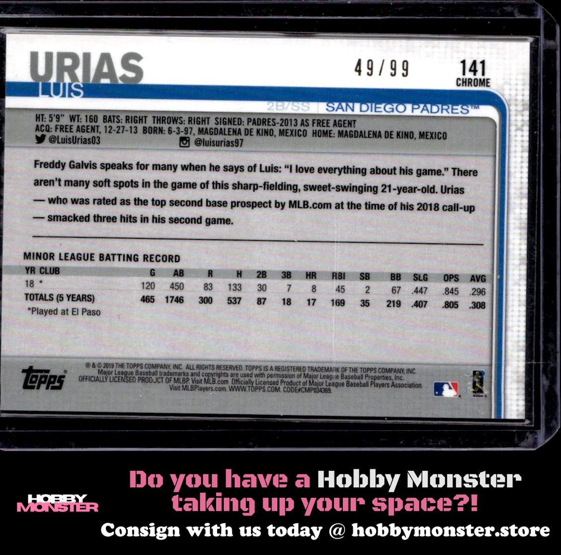 2019 Topps Chrome Luis Urias Green Refractor #/99 San Diego Padres 005-qb3qe
