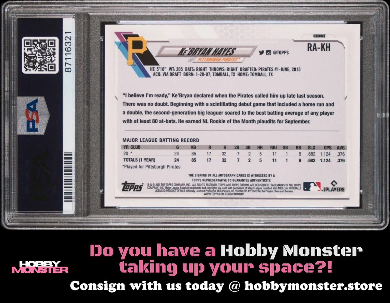 2021 Topps Chrome Update Sapphire Ke'Bryan Hayes Rookie Auto Pirates Reds PSA 9