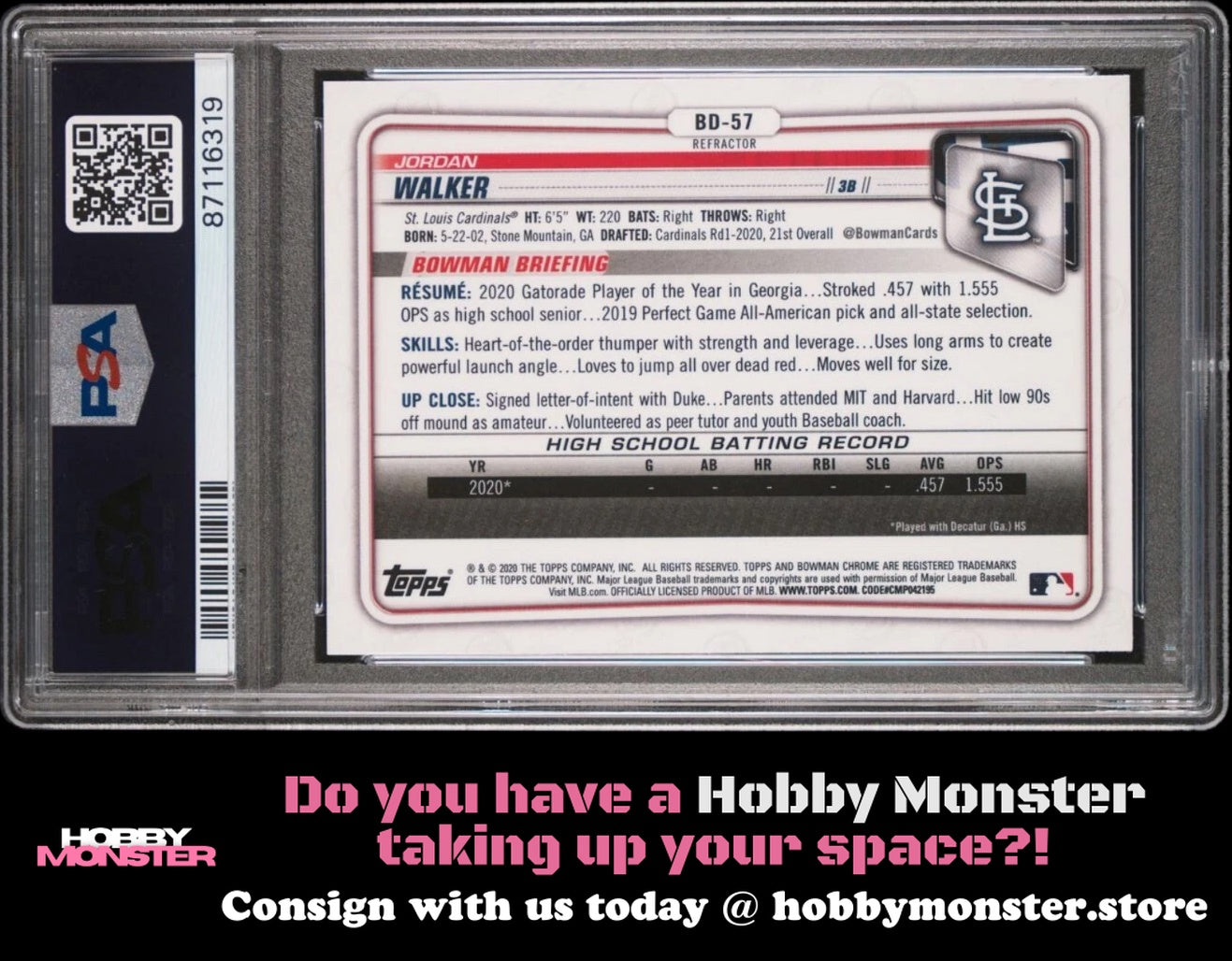 2020 Bowman Draft Jordan Walker Chrome Refractor St. Louis Cardinals PSA 9 002