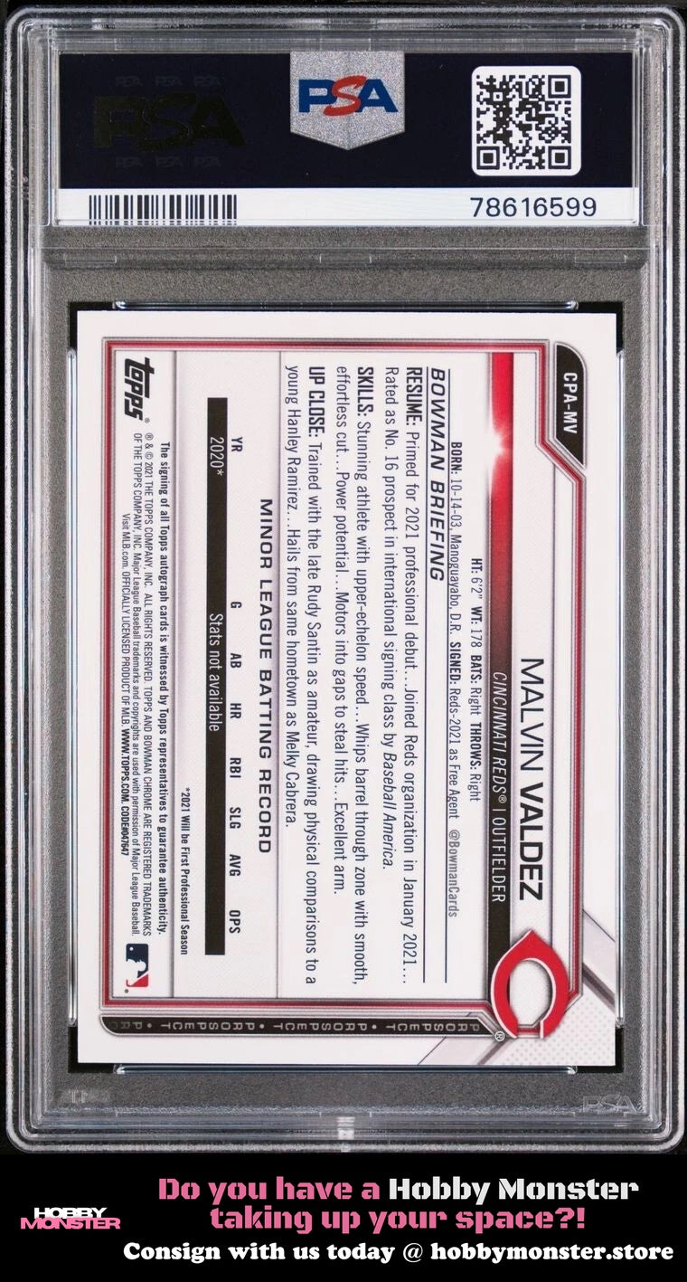 2021 Bowman Chrome Malvin Valdez Orange Wave Auto #/25 Reds PSA 10