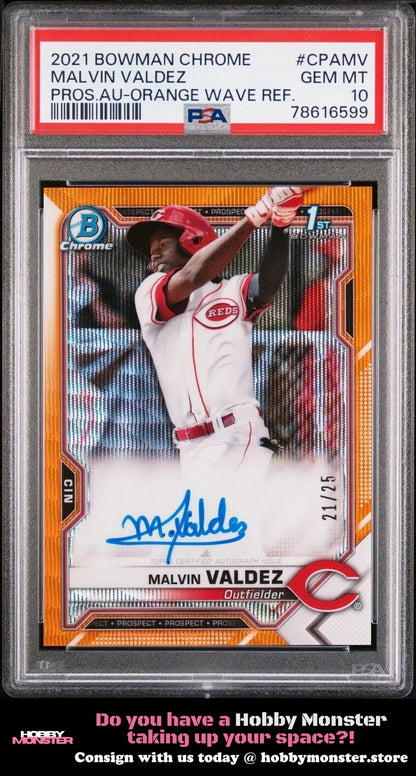 2021 Bowman Chrome Malvin Valdez Orange Wave Auto #/25 Reds PSA 10