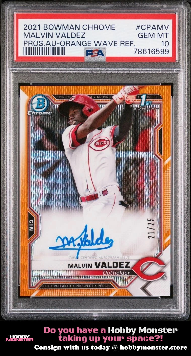 2021 Bowman Chrome Malvin Valdez Orange Wave Auto #/25 Reds PSA 10