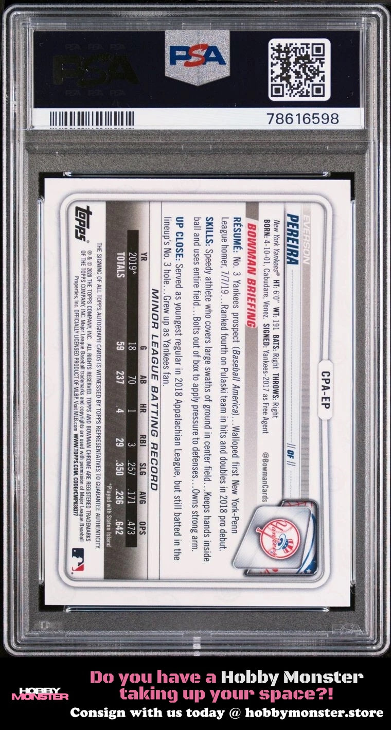 2020 Bowman Everson Pereira Chrome Gold Shimmer Auto #/50 Yankees PSA 9