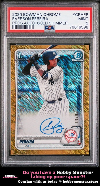 2020 Bowman Everson Pereira Chrome Gold Shimmer Auto #/50 Yankees PSA 9