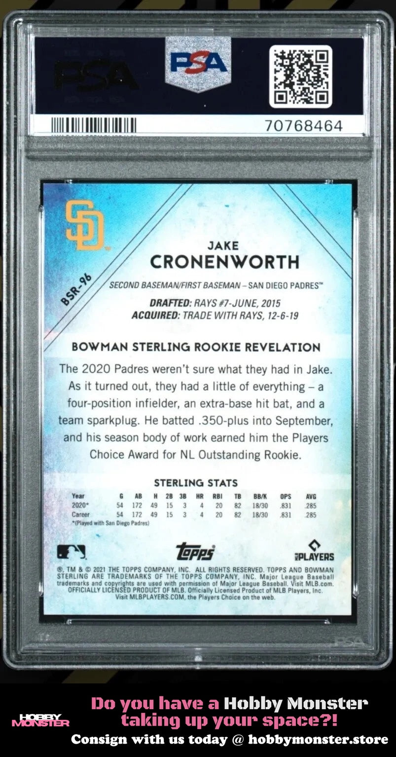 2021 Bowman Sterling Jake Cronenworth Black Atomic #/10 Padres PSA 9