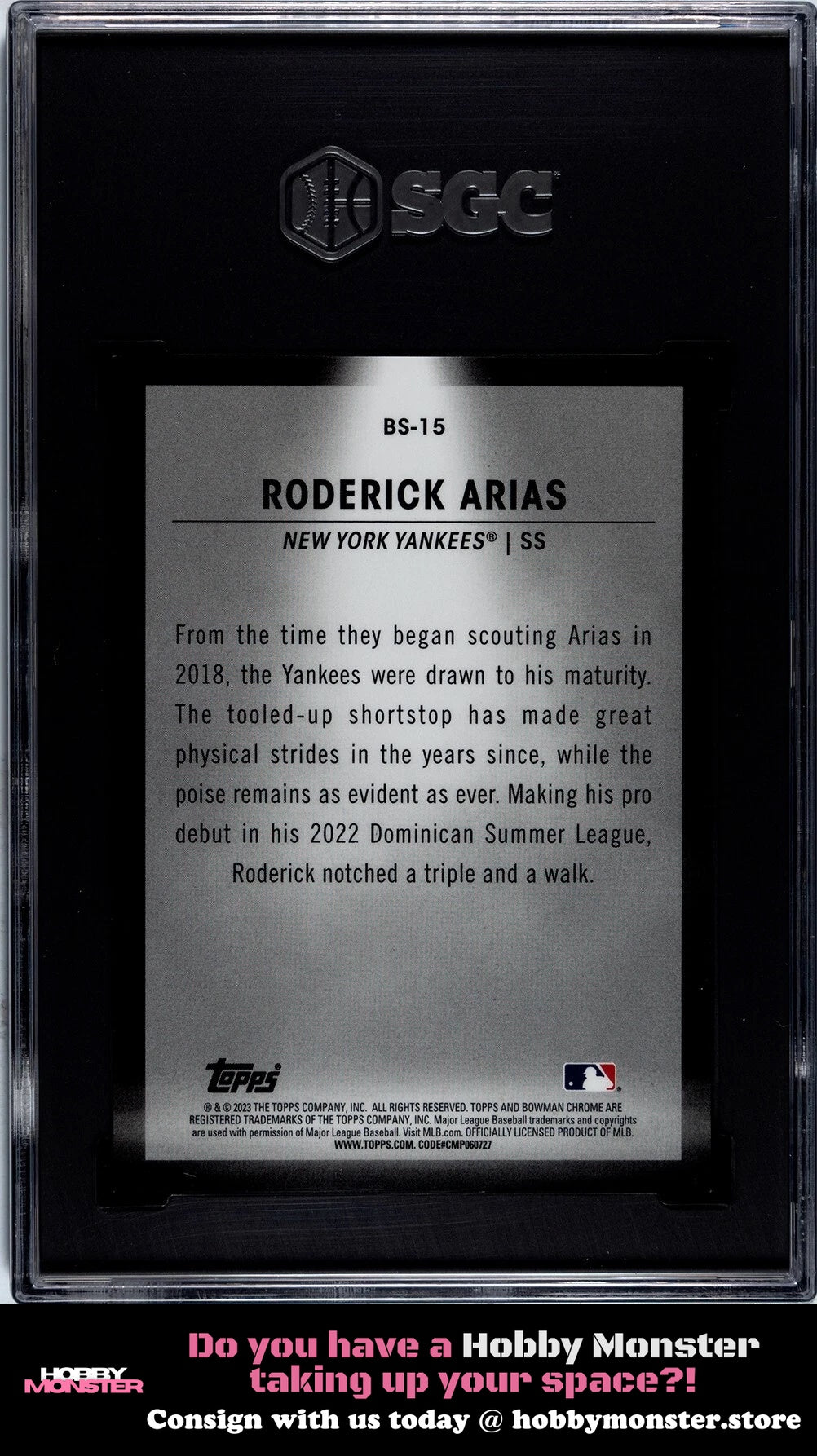 2023 Bowman Roderick Arias Spotlights Orange #/25 Yankees SGC 9