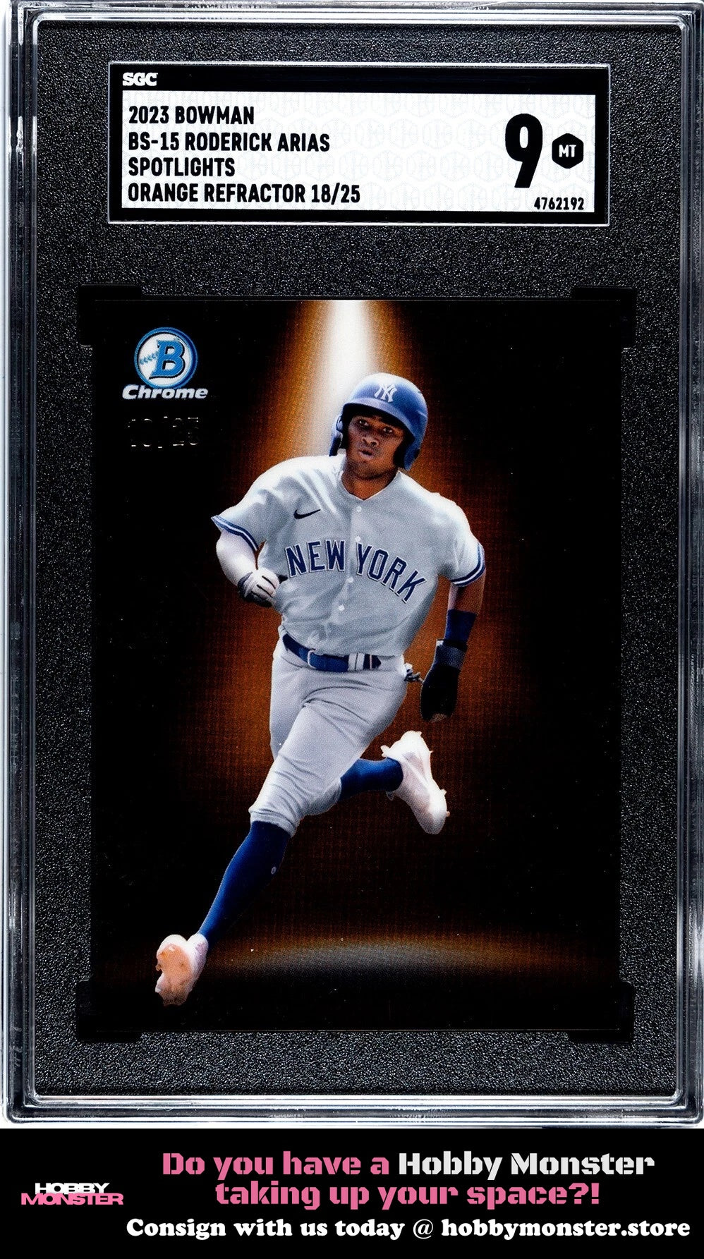 2023 Bowman Roderick Arias Spotlights Orange #/25 Yankees SGC 9