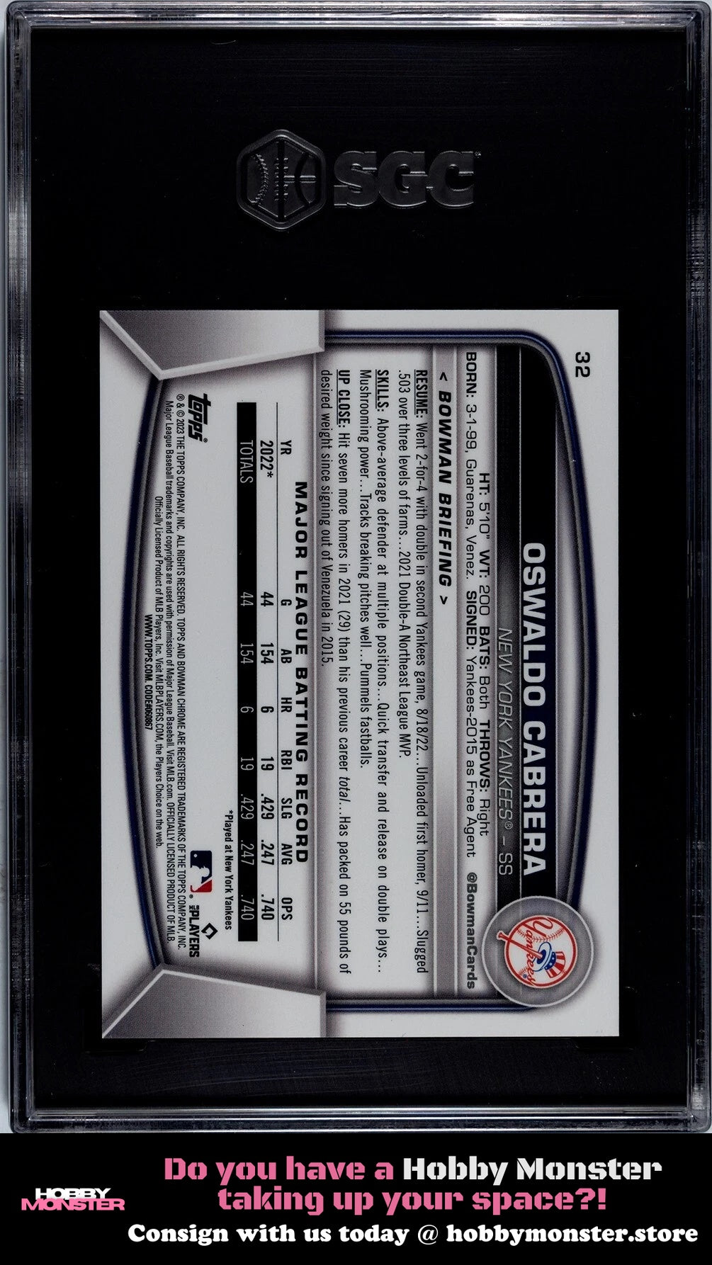 2023 Bowman Oswaldo Cabrera Mojo Navy Rookie #/175 Yankees SGC 9.5