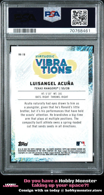 2022 Bowman Luisangel Acuna Virtuosic Vibrations Green #/99 Rangers PSA 9