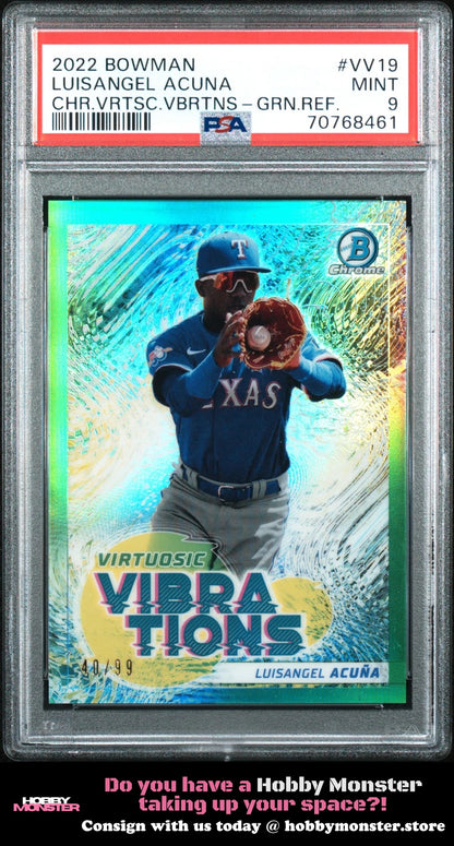 2022 Bowman Luisangel Acuna Virtuosic Vibrations Green #/99 Rangers PSA 9