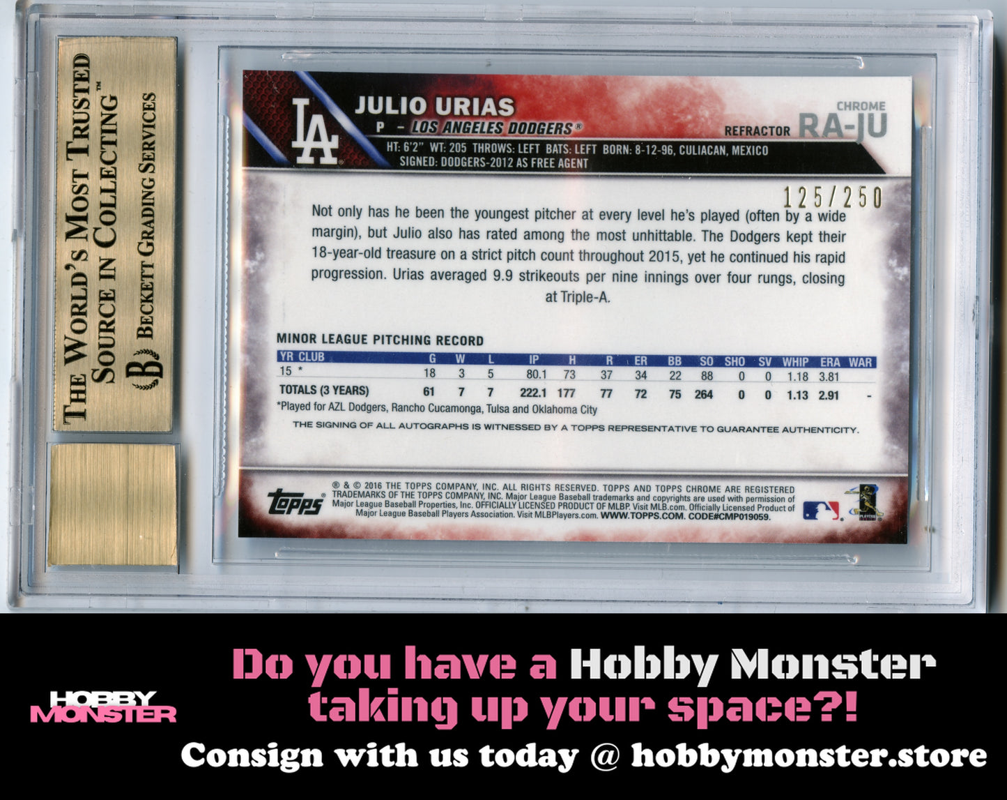 2016 Topps Chrome Julio Urias Rookie Purple Auto #/250  Dodgers BGS 9.5