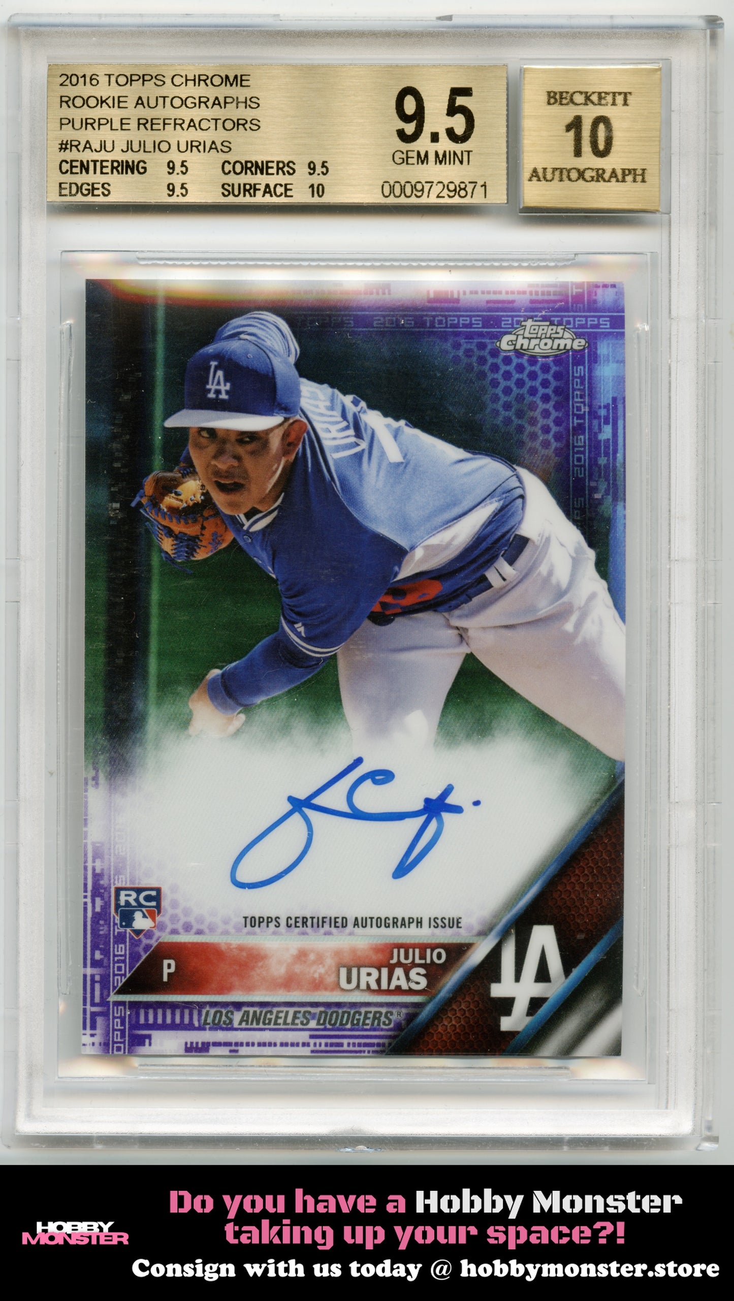 2016 Topps Chrome Julio Urias Rookie Purple Auto #/250  Dodgers BGS 9.5
