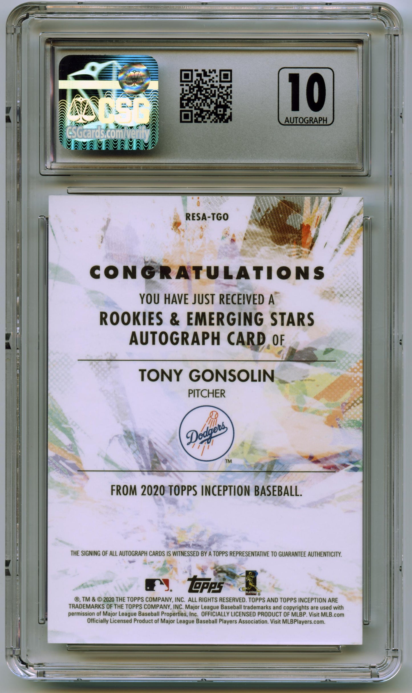 2020 Topps Inception Tony Gonsolin RookieAuto #/245 Dodgers CSG 10