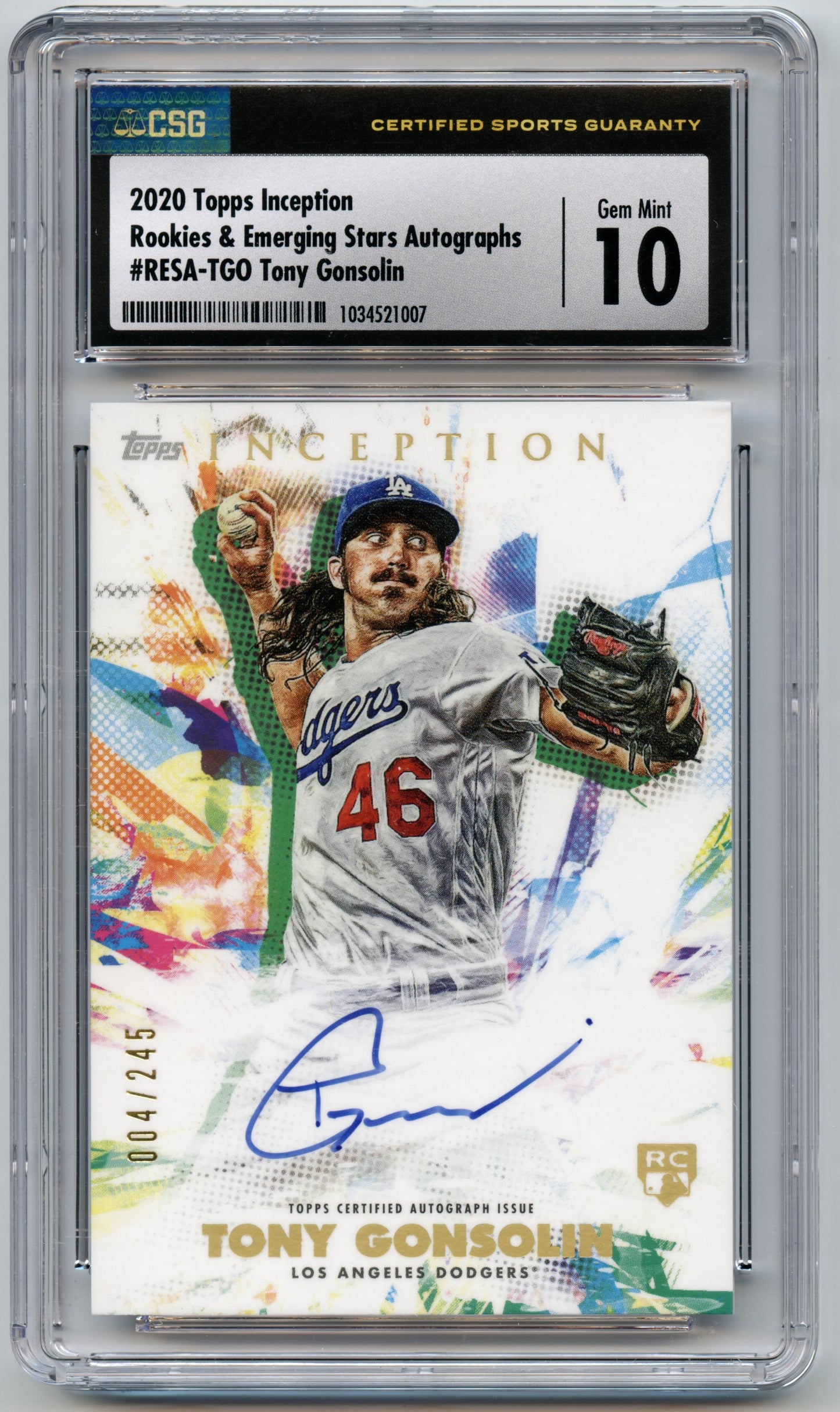 2020 Topps Inception Tony Gonsolin RookieAuto #/245 Dodgers CSG 10