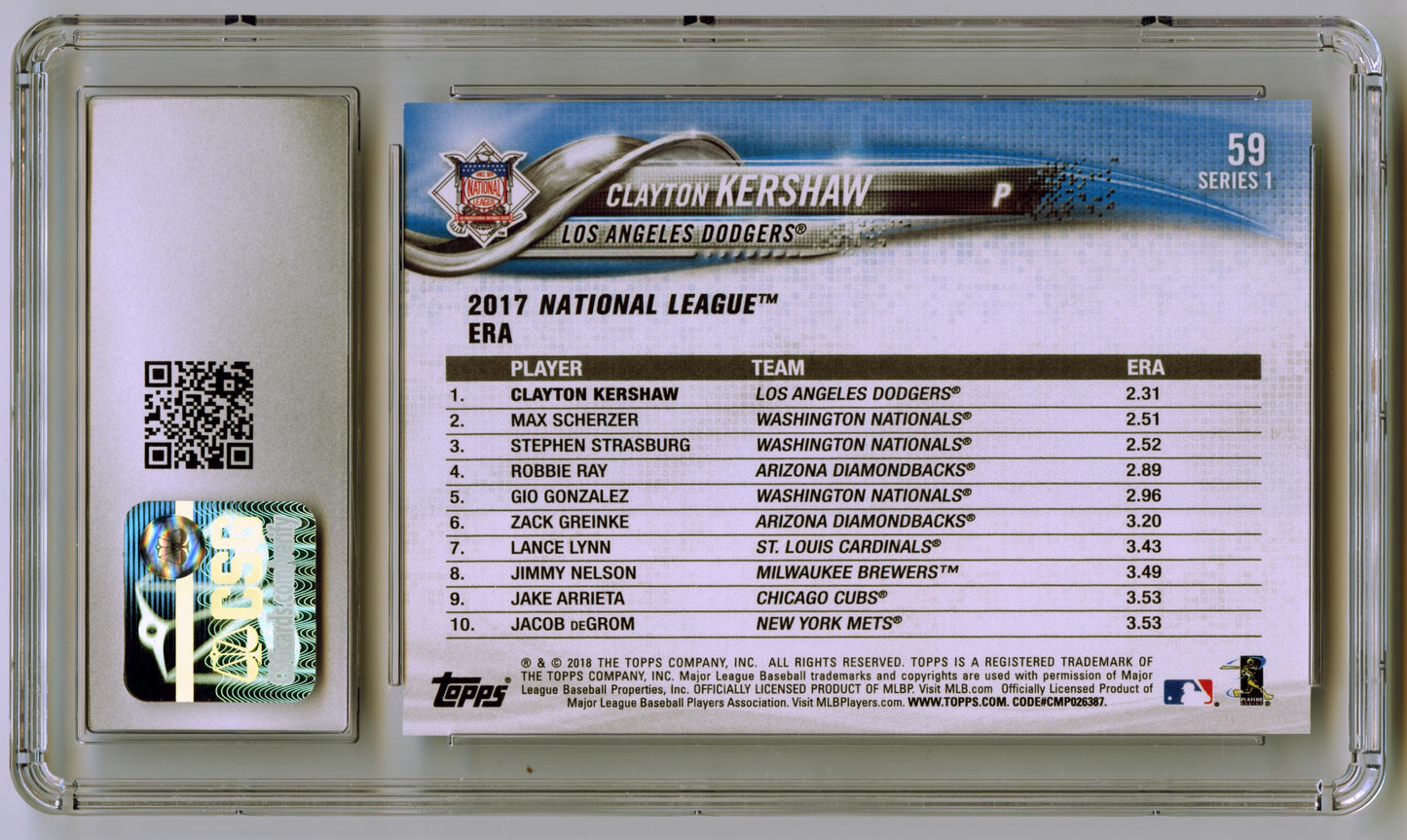 2018 Topps Clayton Kershaw Sparkle Foil #/190 Los Angeles Dodgers CSG 9.5 002