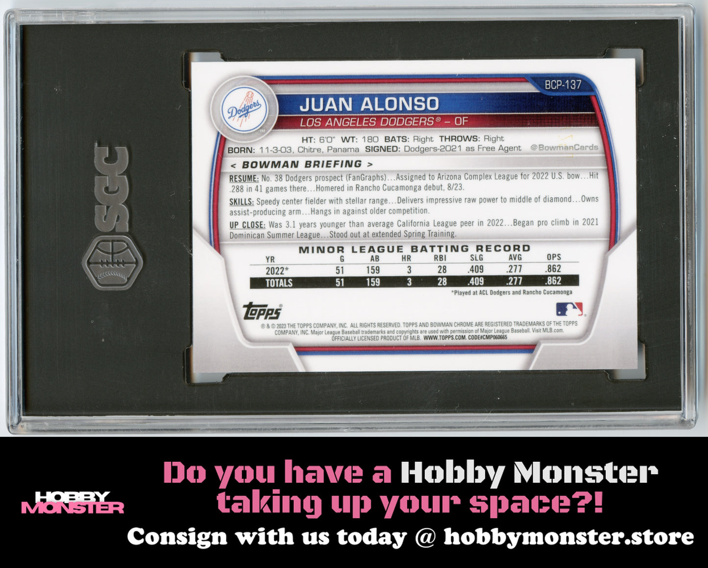 2023 Bowman Juan Alonso Prospects Purple #/250 Los Angeles Dodgers SGC 9.5 002
