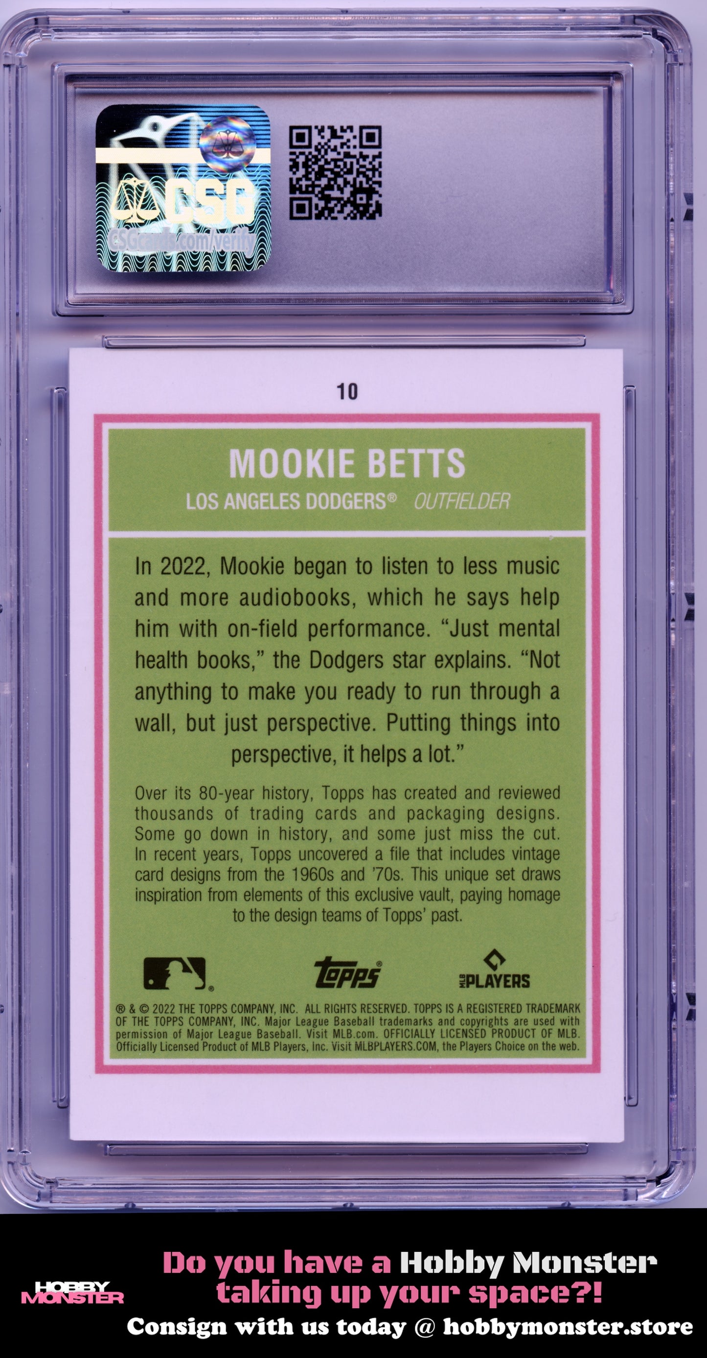 2022 Topps Brooklyn Collection Mookie Betts Purple #/15 Dodgers CSG 9.5