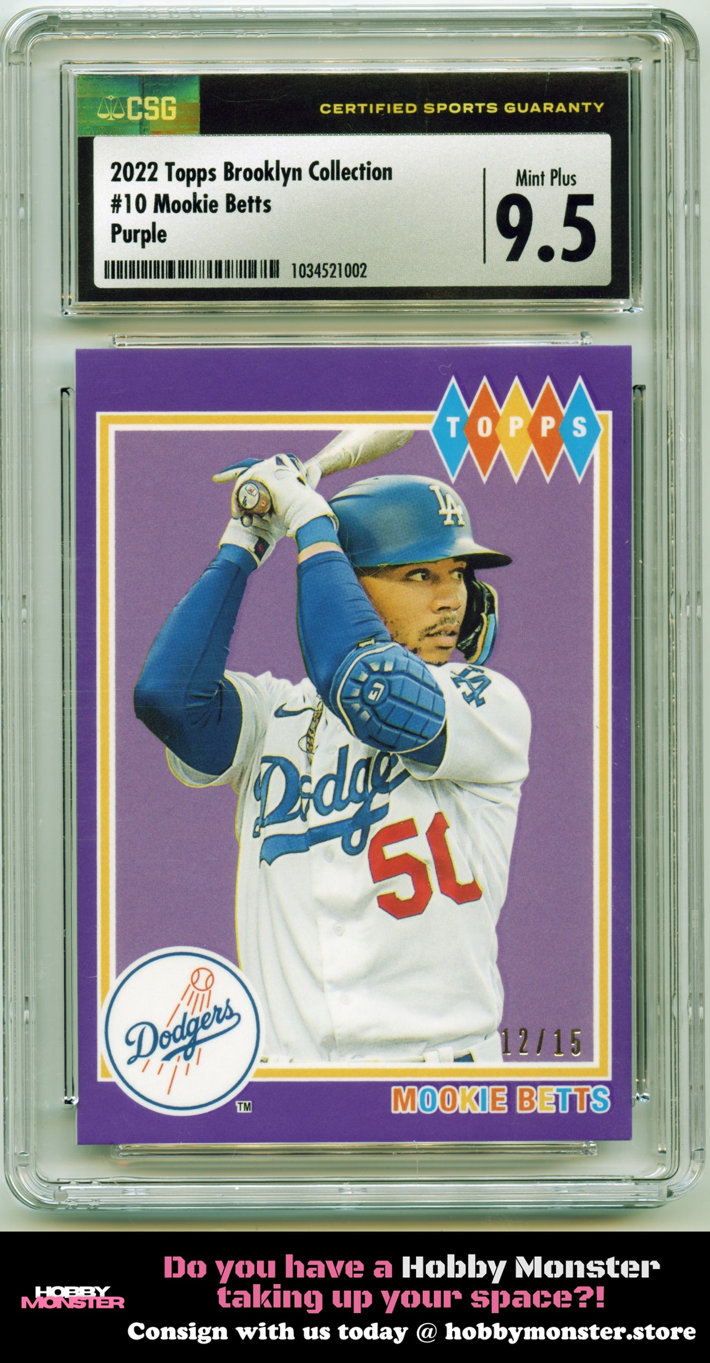 2022 Topps Brooklyn Collection Mookie Betts Purple #/15 Dodgers CSG 9.5