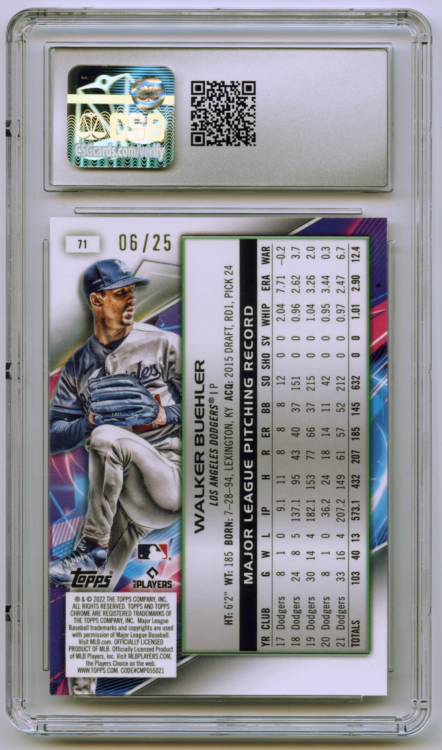 2022 Topps Chrome Cosmic Walker Buehler Orange Galactic #/25 Dodgers CSG 10