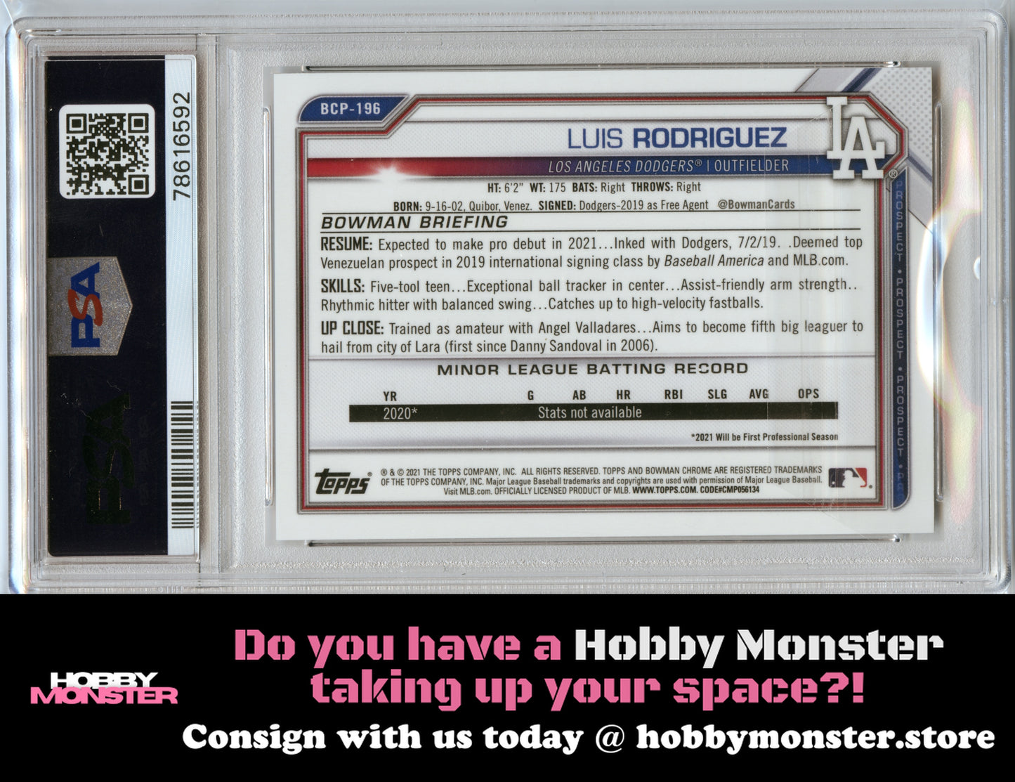 2021 Bowman Chrome Sapphire Luis Rodriguez Orange #/75 Dodgers PSA 9