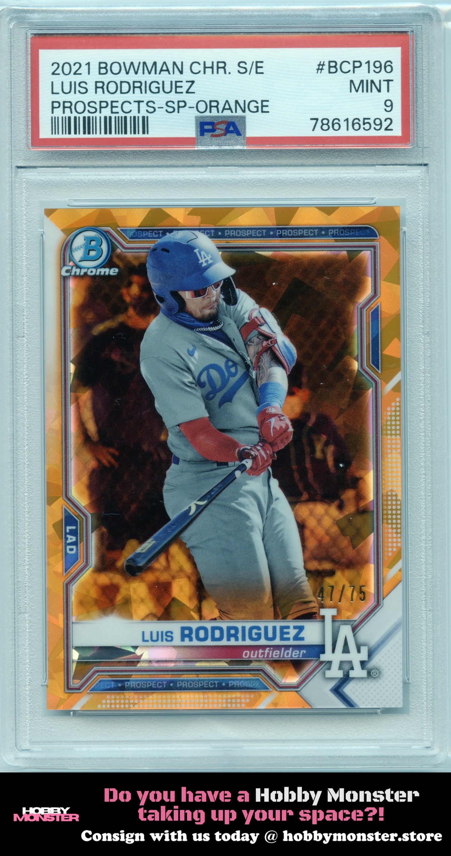 2021 Bowman Chrome Sapphire Luis Rodriguez Orange #/75 Dodgers PSA 9
