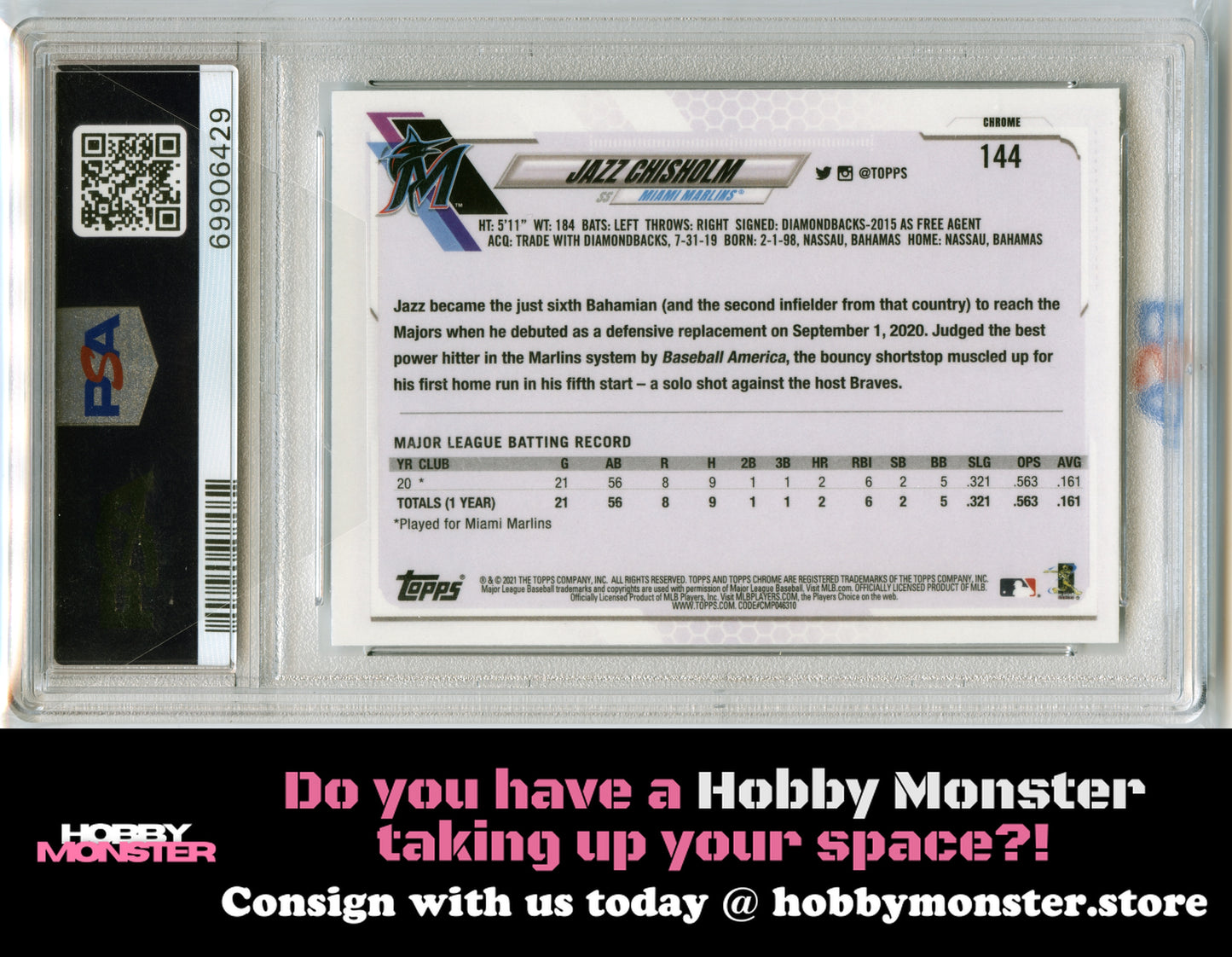 2021 Topps Chrome Jazz Chisholm Prism Refractor Rookie Miami Marlins PSA 9