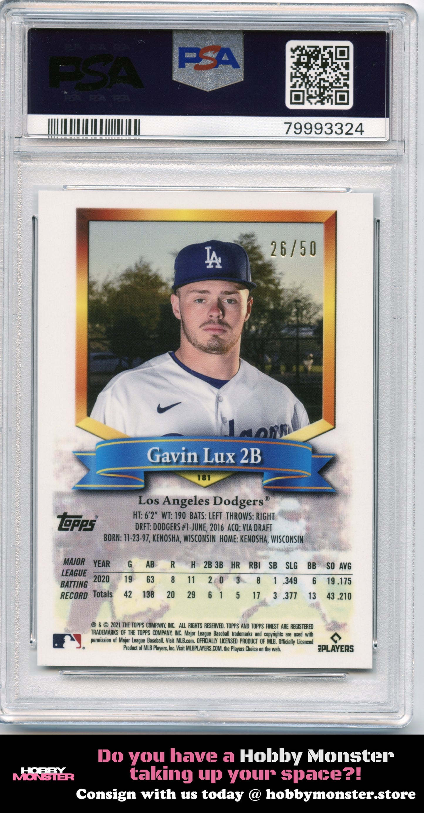 2021 Topps Finest Flashbacks Gavin Lux Gold Refractor #/50 Dodgers PSA 9