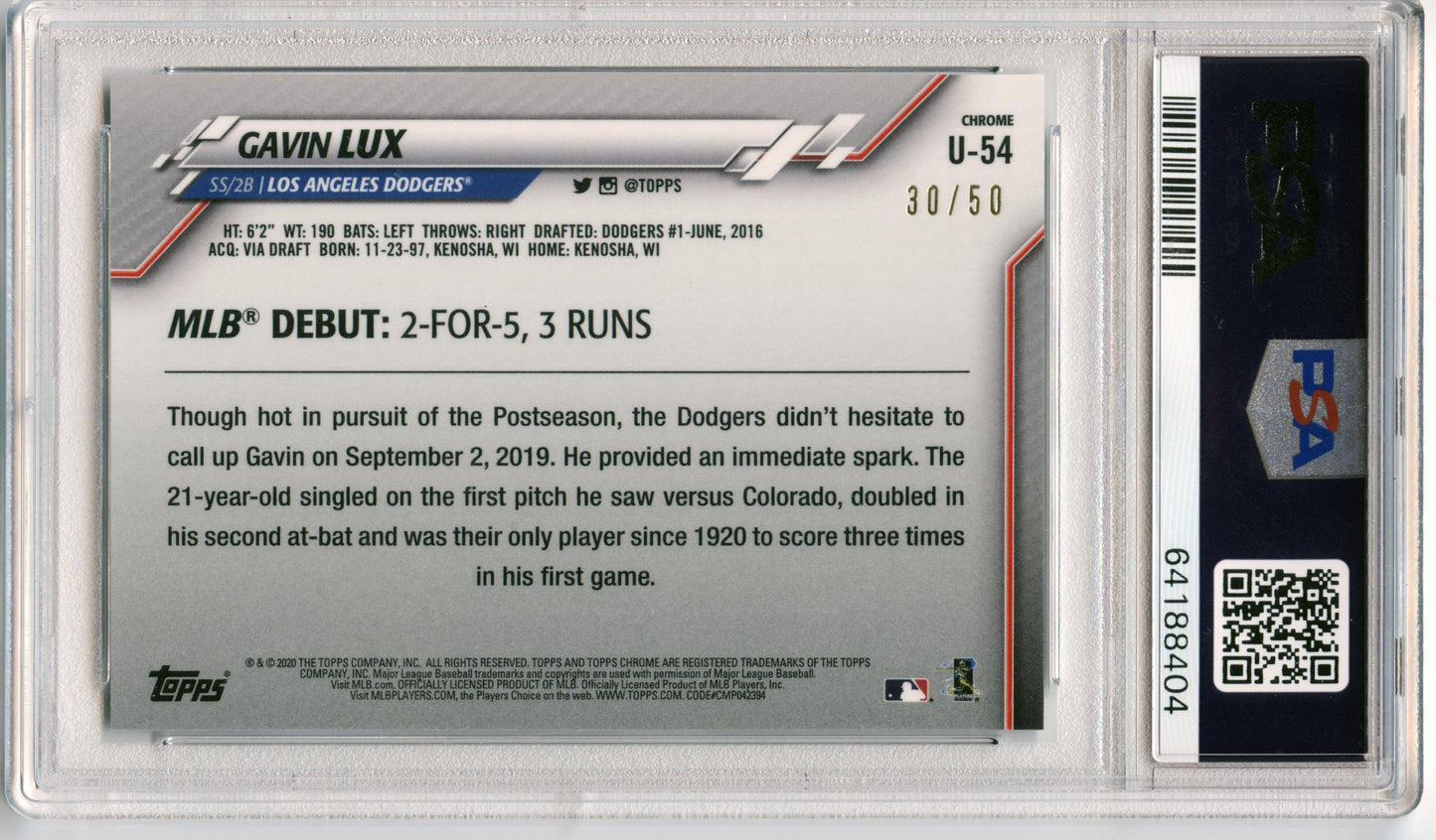 2020 Topps Chrome Update Gavin Lux Gold #/50 Dodgers Rays PSA 9