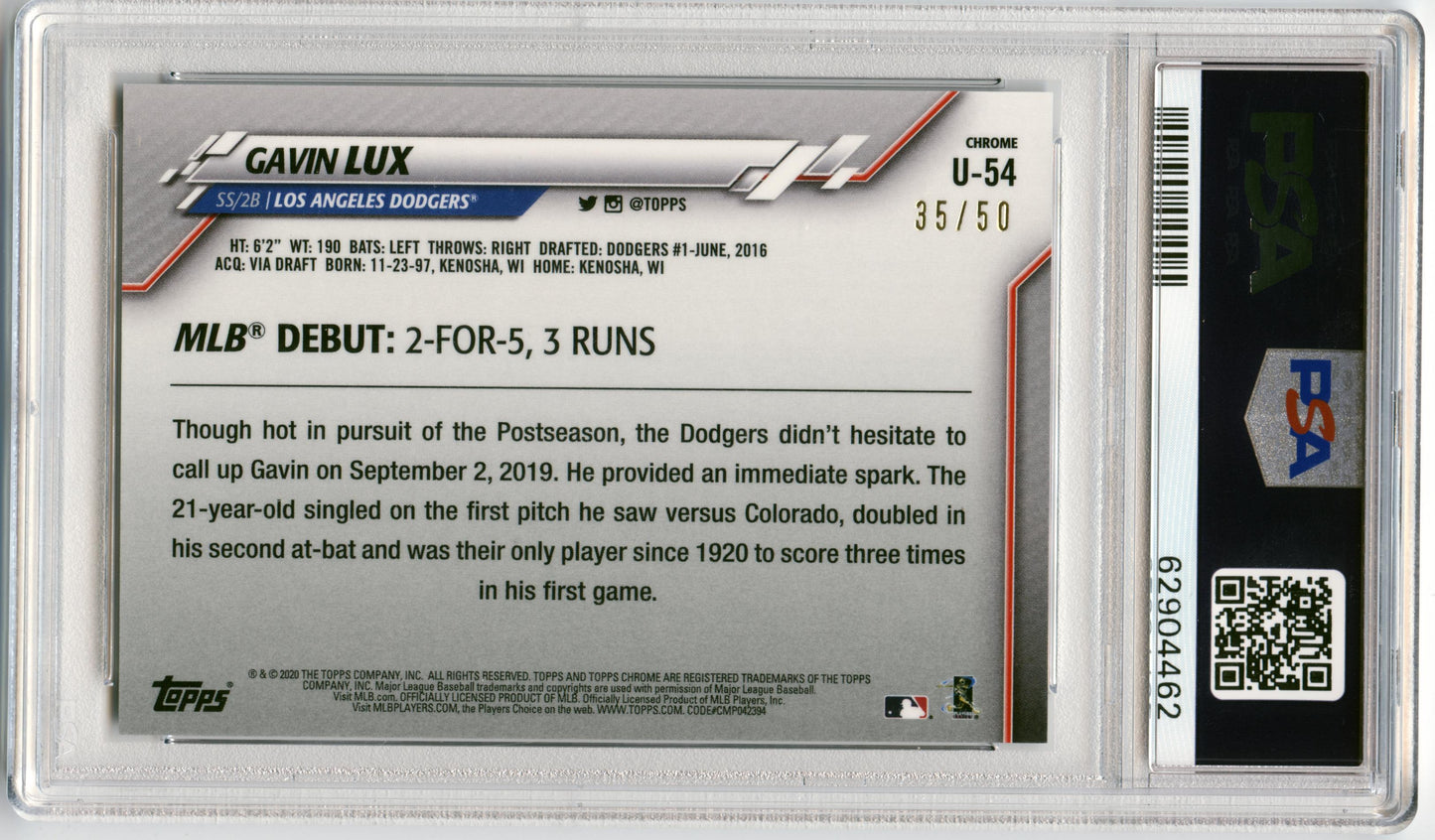 2020 Topps Chrome Update Gavin Lux Gold #/50 Los Angeles Dodgers PSA 10