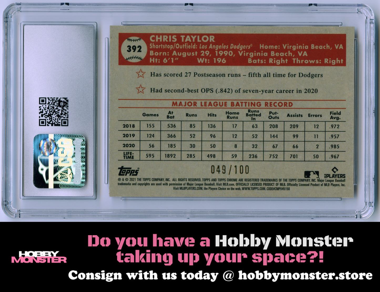 2021 Topps Chrome Platinum Chris Taylor Red Atomic #/100 Dodgers CSG 10