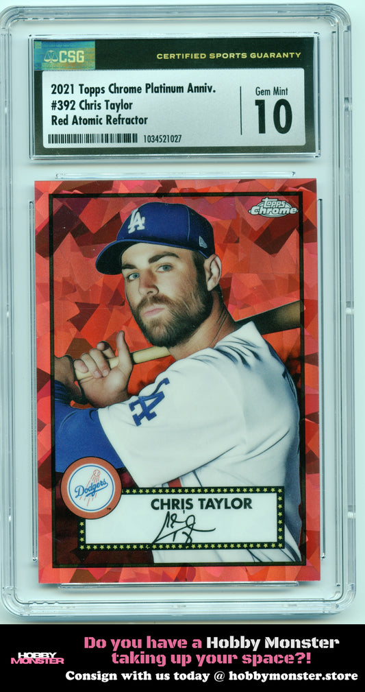 2021 Topps Chrome Platinum Chris Taylor Red Atomic #/100 Dodgers CSG 10