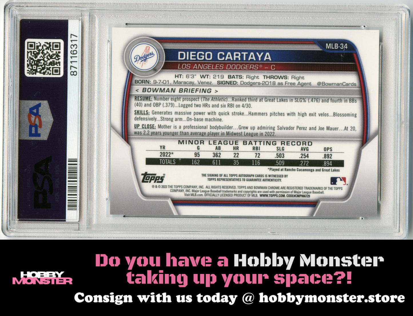 2023 Bowman Chrome National Diego Cartaya Auto Dodgers Twins PSA 9