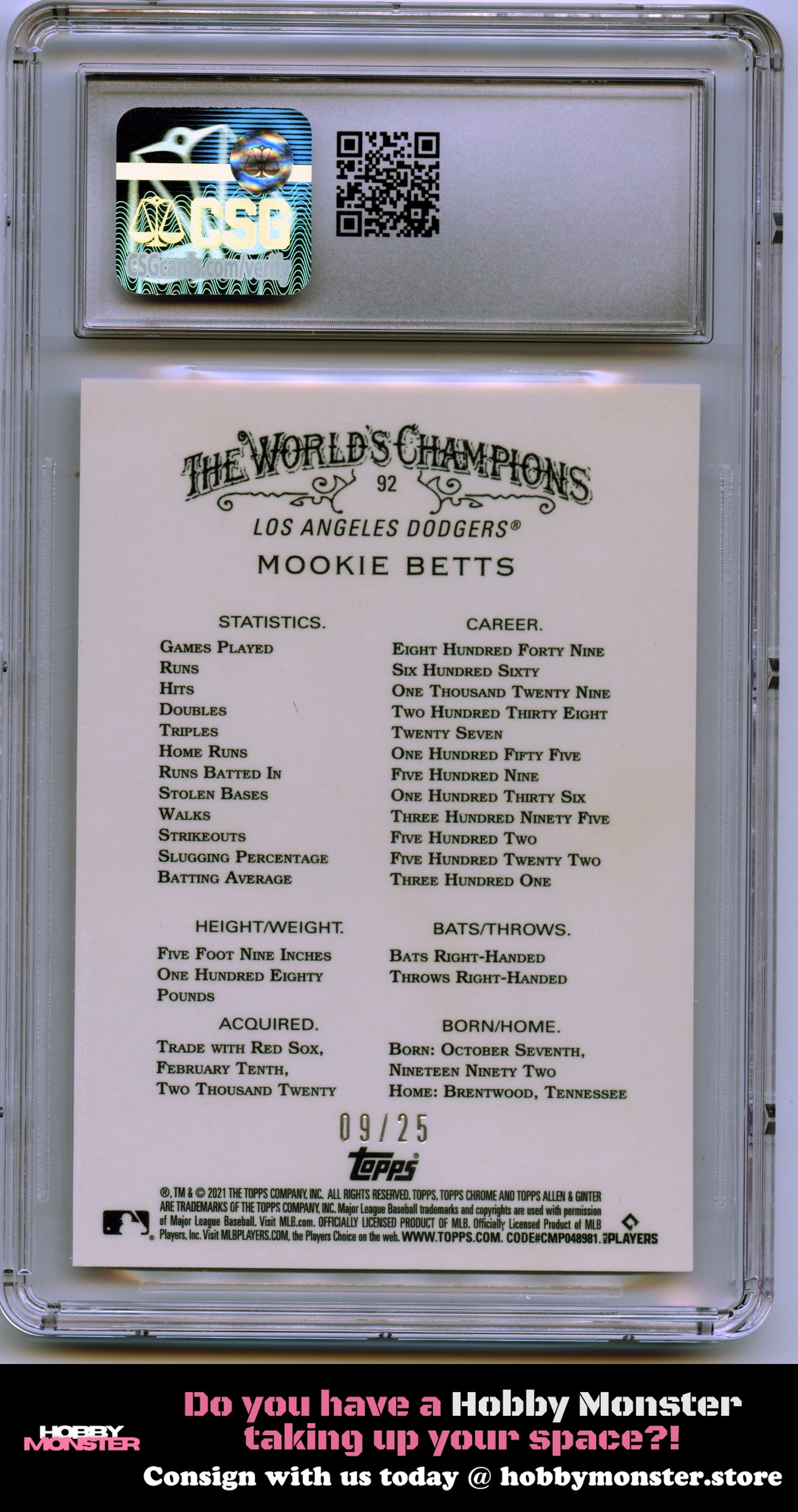 2021 Topps Allen & Ginter Chrome Mookie Betts Orange #/25 Dodgers CSG 9.5