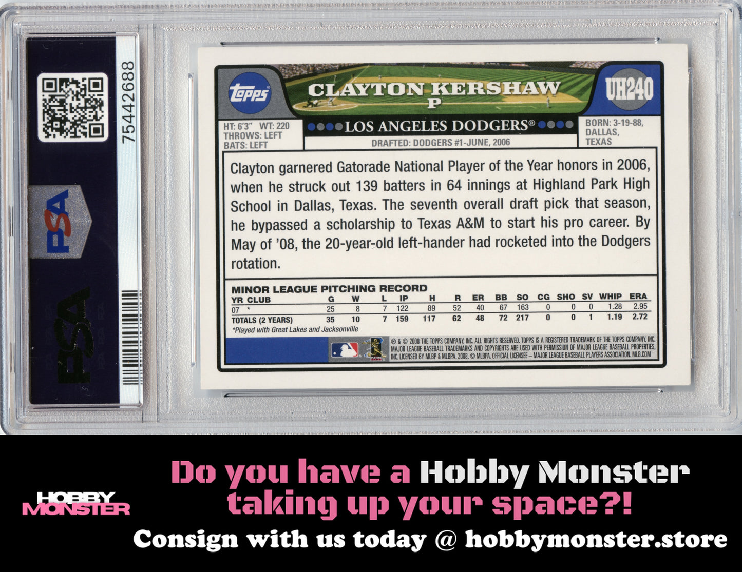 2008 Topps Updates & Highlights Clayton Kershaw Rookie Los Angeles Dodgers PSA 8