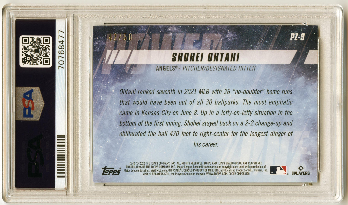 2022 Stadium Club Shohei Ohtani Power Zone Orange #/50 Los Angeles Angels PSA 8