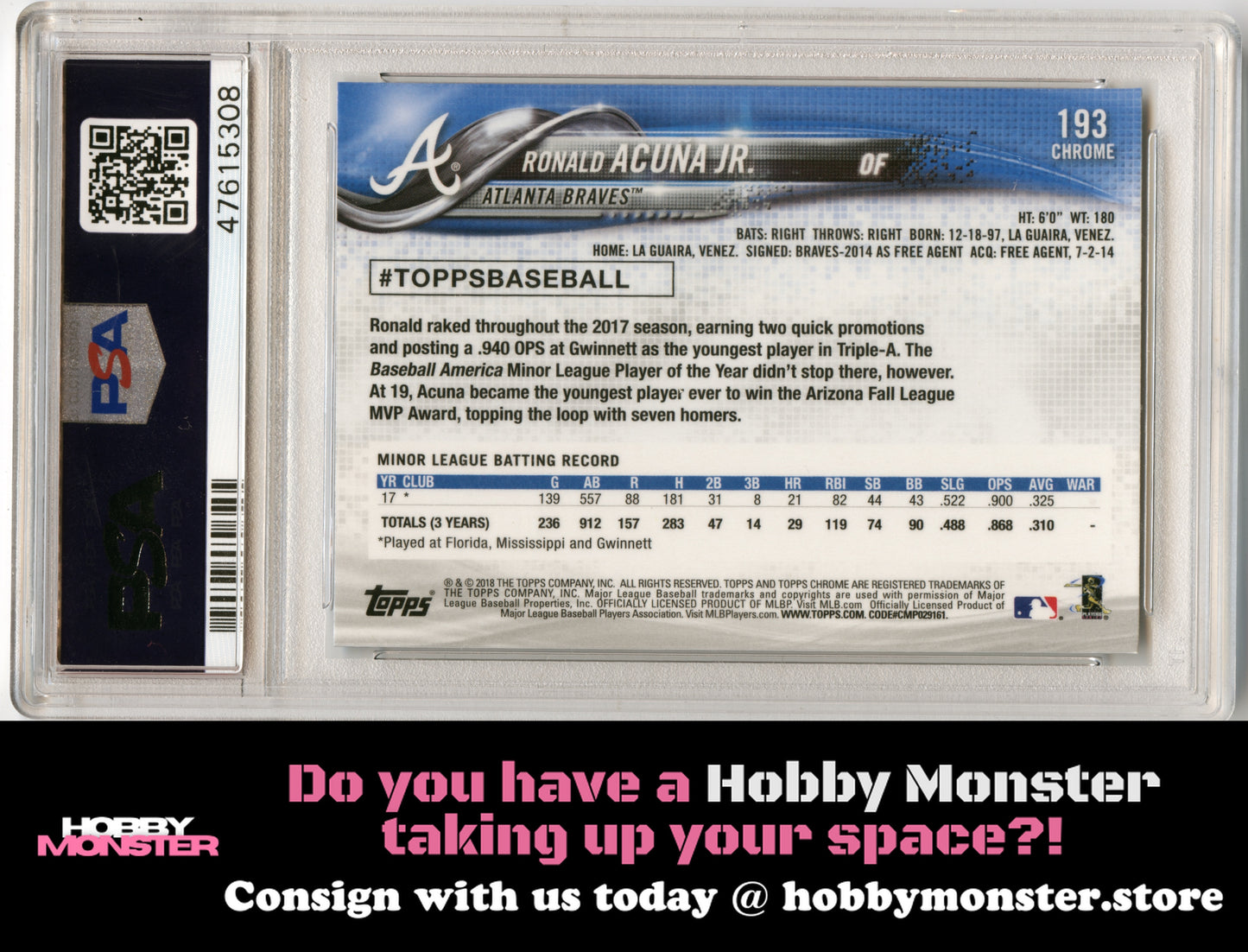 2018 Topps Chrome Ronald Acuna Jr. Prism Refractor Rookie Braves PSA 10 002