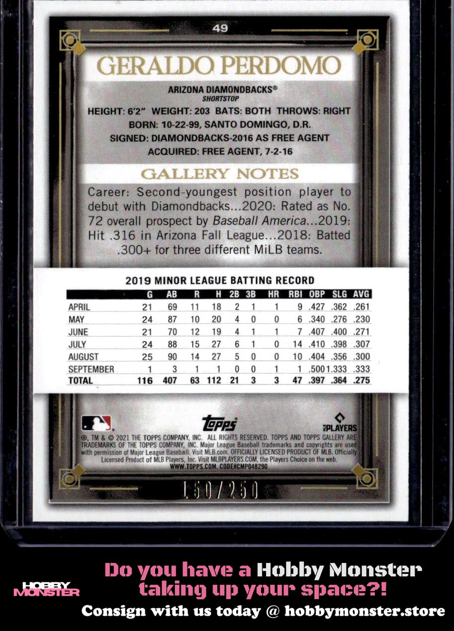 2021 Topps Gallery Geraldo Perdomo Private Issue #/250 Arizona Diamondbacks 002