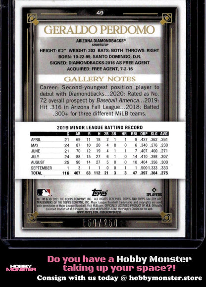2021 Topps Gallery Geraldo Perdomo Private Issue #/250 Arizona Diamondbacks 002