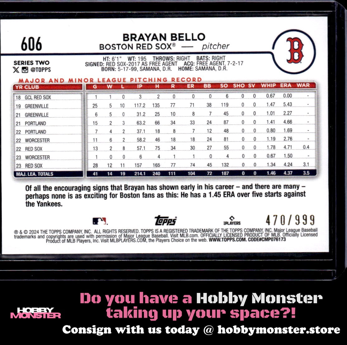 2024 Topps Brayan Bello Blue Holofoil Future Stars #/999 Boston Red Sox