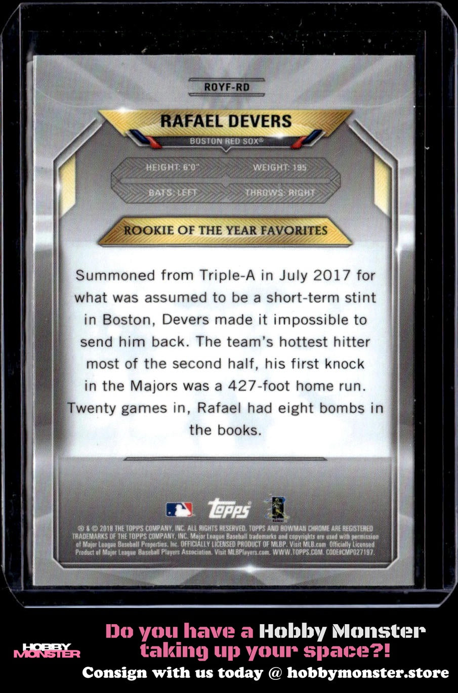 2018 Bowman Rafael Devers Chrome Rookie of the Year Favorites Boston Red Sox