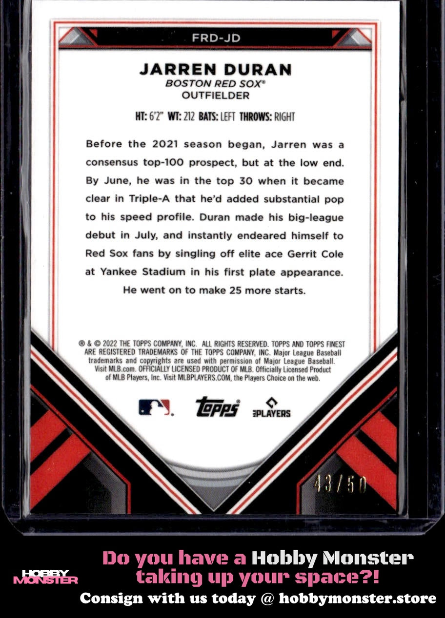 2022 Topps Finest Jarren Duran Rookie Design Variation Gold #/50 Boston Red Sox