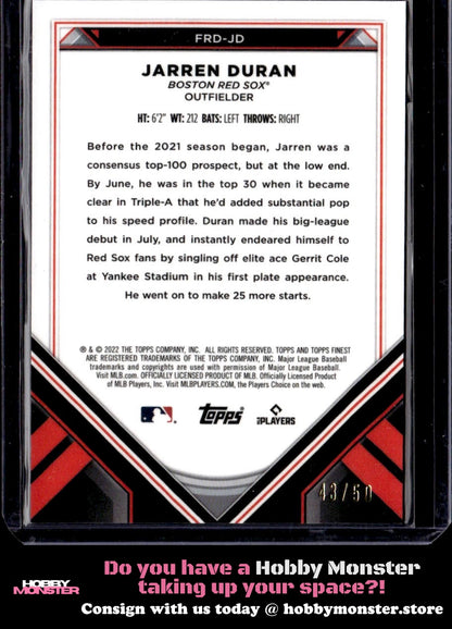 2022 Topps Finest Jarren Duran Rookie Design Variation Gold #/50 Boston Red Sox
